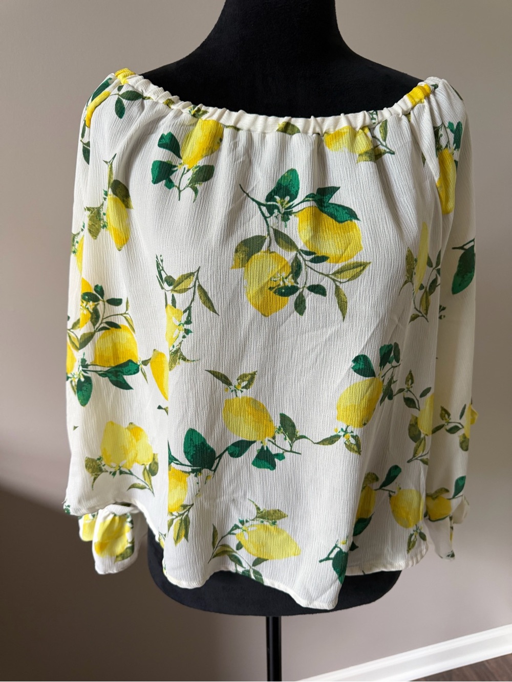 Lush On/Off-Shoulder Lemon Print Peasant Top - White/Yellow Open Long Sleeves LG